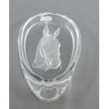 Sevres of France glass ashtray with intaglio cut horse head pattern with etched marks, back
