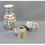 Chinese Famille rose teapot, (a/f) together with a later vase and bowl, (3)