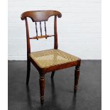 Mahogany side chair with curved toprail and spindle back, canework seat, turned tapering supports,