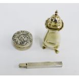 Eastern silver pill box and cover, fruit / pen knife, stamped 900 and a Birmingham silver pepper pot