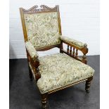 Mahogany framed armchair with floral upholstered back, arms and seat, 100cm high