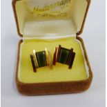 A pair of 9 carat gold and green jadeite earrings