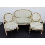 French style three piece parlour suite comprising a two seater and pair of open armchairs,