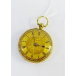 Lady's 18 carat gold fob watch, the dial with floral pattern to centre, with blue steel hands and