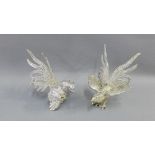 Pair of white metal table birds, 13cm high, (2)