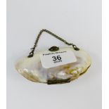 Late 19th century mussel shell purse with gilt metal chains 9cm wide