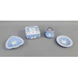 Collection of Wedgwood blue and white Jasperware to include table lighter, square box and cover