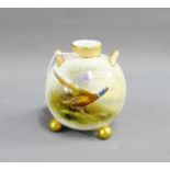 Royal Worcester small globular vase with twin handles and three gilt ball feet, hand painted with
