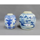 Provincial Chinese blue and white jar with a landscape pattern, together with a Japanese blue and
