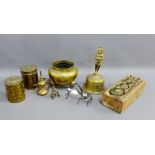 Collection of brass wares to include a bell, two jars, bowl and a set of weights, together with a