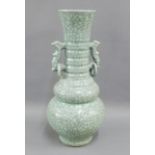 Chinese craquelure twin handled archaic style vase, 39cm high