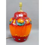 Large Poole pottery red, orange and blue glazed table lamp base, 40cm high including light fitting