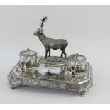 Late 19th / early 20th century Epns inkwell, surmounted with a stag and with fern bright cut