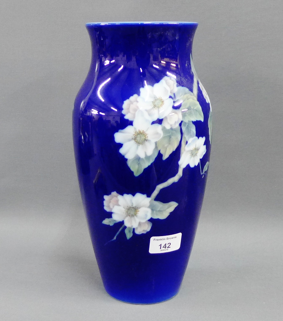 Royal Copenhagen high shouldered baluster vase with apple blossom pattern to a dark blue ground,
