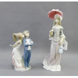 Lladro porcelain figure of a 'Girl with Parasol', together with a Lladro 'Boy and Girl' figure