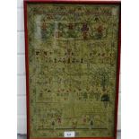 19th century needlework sampler with verse, flowers and small figures, in a glazed frame, 30 x 48cm