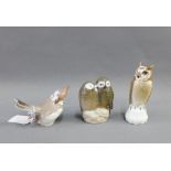 Royal Copenhagen figure of two owls, numbered 834, together with two Bing and Grondahl bird figures,