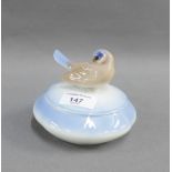 Bing and Grondahl porcelain jar and cover, the lid surmounted with a bird, with printed backstamps