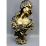 Art Nouveau style bronze patinated resin head and shoulders bust of a Girl, 60cm high