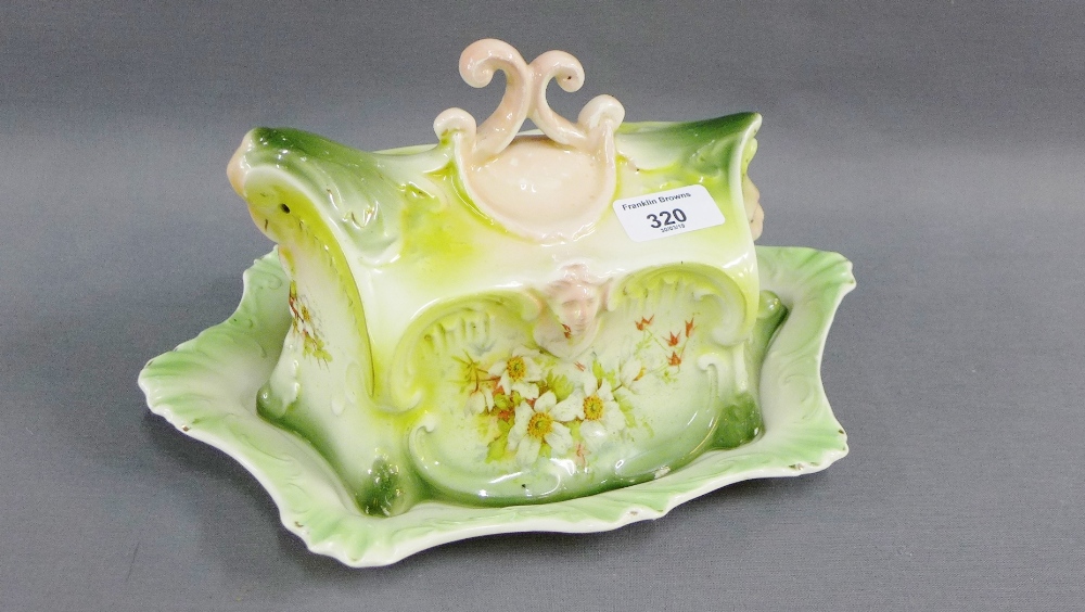 Staffordshire transfer printed butter dish and stand