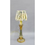 Blue painted and giltwood table lamp of small proportions with shade, 34cm high overall