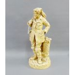 Continental pottery figure of a 'Fisherman' on circular base, 37cm high