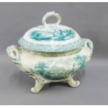19th century Staffordshire green and white transfer printed tureen and cover with classical motifs