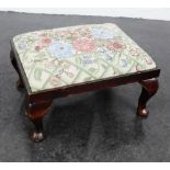 Mahogany footstool with tapestry top, 32 x 42cm