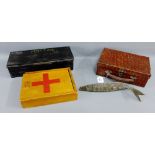 Vintage tin in the form of a crocodile skin suitcase together with two vintage first aid boxes and a