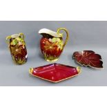 Carlton ware Rouge Royale 'Spiders Web' patterned jug and twin handled vase, together with two Rouge