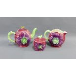 Shorter & Son flower moulded three piece teaset to include teapot, milk jug and sugar bowl, (3)