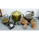 Brass coal bucket, together with a quantity of iron kettles, oil lamp, bicycle lamps and a box