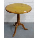 Small pine pedestal table, the circular top on a baluster tuned column and tripod legs, 62 x 50cm