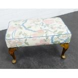 Footstool with floral upholstered top and cabriole legs, 32 x 59cm