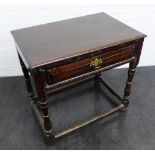 18th century dark oak lowboy side table, likely with a later top, with a single frieze drawer and