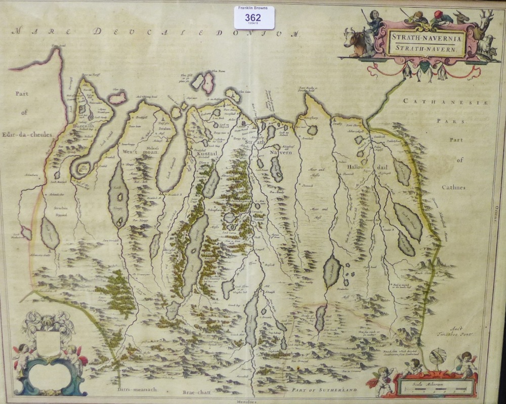 Strath - Navernia, hand coloured map by Timothy Pont, with glazed panels front and back with printed