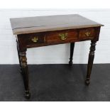 Dark oak side table, the rectangular top above three frieze drawers with brass handles, raised on
