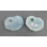 Pair of Royal Copenhagen lily pad and frog porcelain dishes, with printed backstamps and numbered