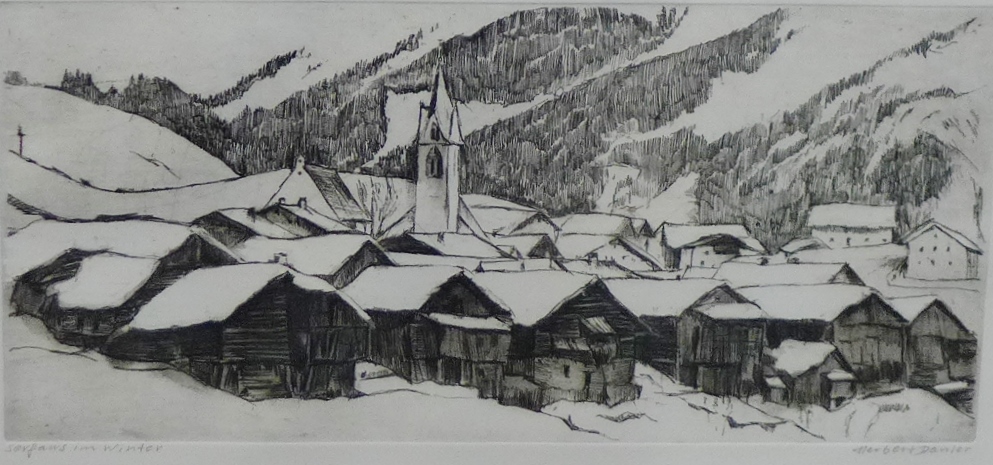Herbert Danler 'Serfaws in Winter' Etching, signed in pencil, in a glazed frame, 34 x 15cm