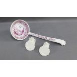Staffordshire pottery transfer printed ladle in puce and white together with a pair of white