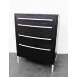 Contemporary ebonised chest, the rectangular top above four graduating long drawers with brushed