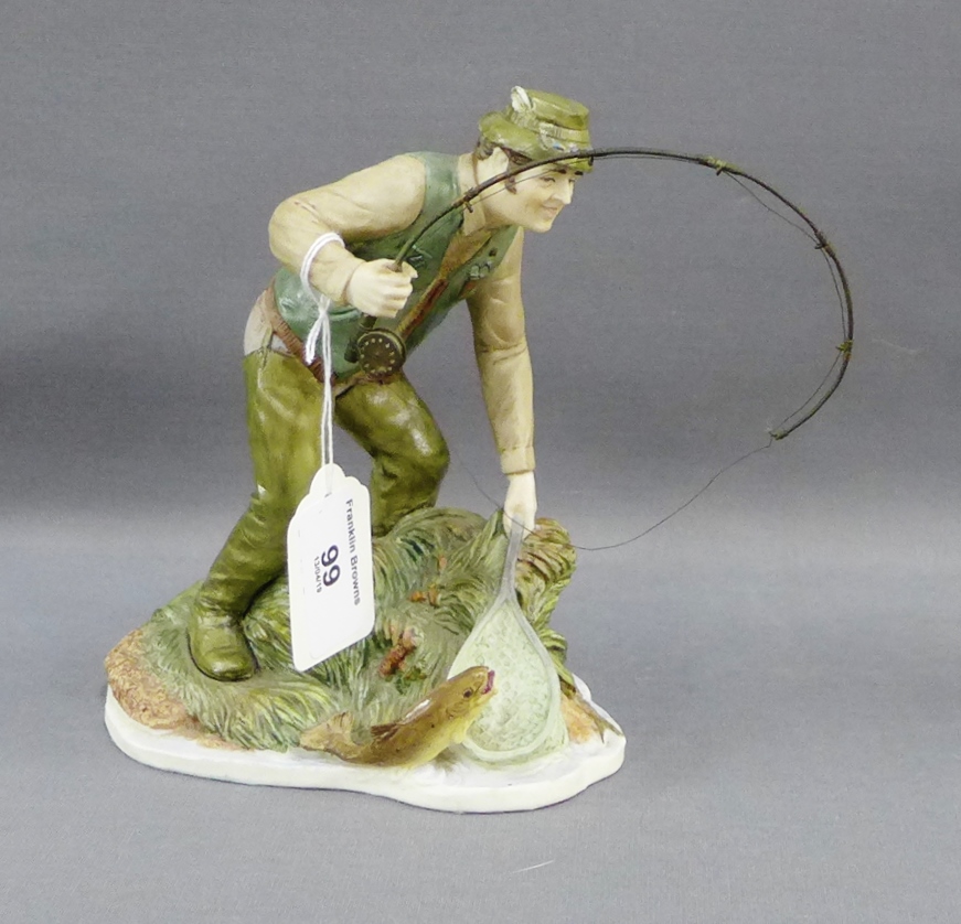 'First Catch', Coalport bisque figure of a Fisherman, 16cm high