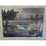 'Smiling Showers or Ducks in Delight' Coloured engraved print in a glazed and giltwood frame, 25 x
