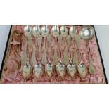 Cased set of Continental silver fruit spoons together with matching sifter spoon and tongs all