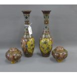 Pair of Japanese Cloisonne bottle neck vases together with a pair of jars with cover, (one a/f),