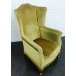 Wingback armchair, with green plush upholstery and cabriole supports, 105 x 65cm