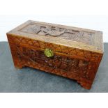 Carved oriental trunk, with hinged lid and brass clasp fitting, 80 x 41cm