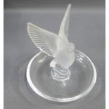 Lalique opaque glass dove on circular dish with etched Lalique, France mark to base 10cm diameter