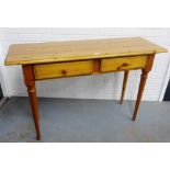 Contemporary pine hall table with two frieze drawers and turned tapering legs , 76 x 121cm