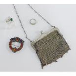 Mixed lot to include a Scottish hardstone brooch, two silver dress rings and a white metal chain